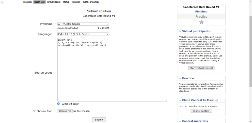 Caption: Example of submitting your code on Codeforces