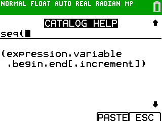 Caption: seq(expression, variable, begin, end[, increment])