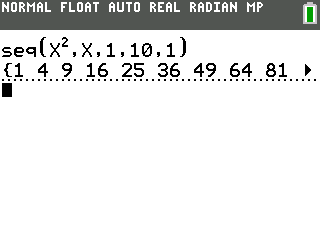 Caption: Result of seq(X²,X,1,10,1).